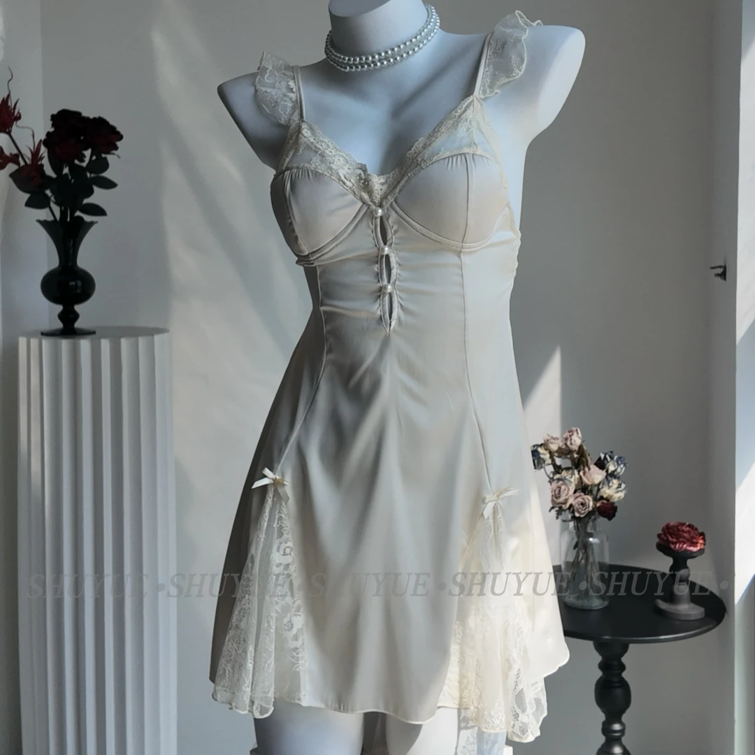 【入夜私语】法式轻奢蕾丝轻奢性感缎面带胸垫纯欲居家吊带裙睡裙