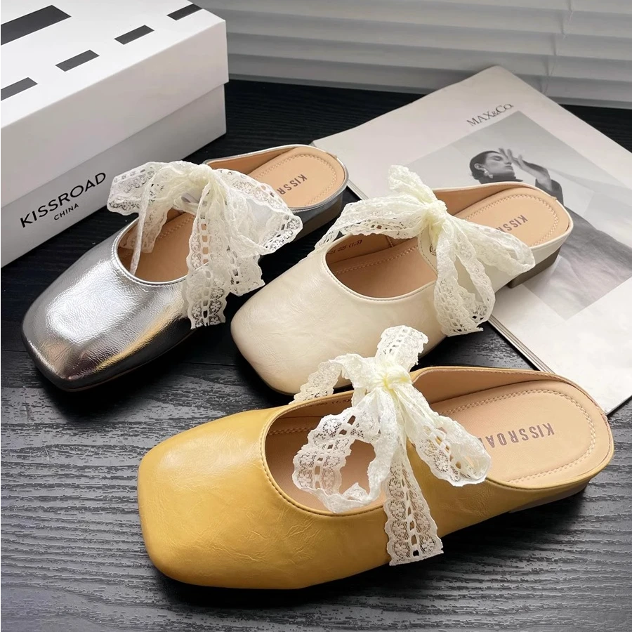 卡丝露KISSROAD洛丽塔轻奢鞋子蕾丝芭蕾平底穆勒明星同款百搭鞋子