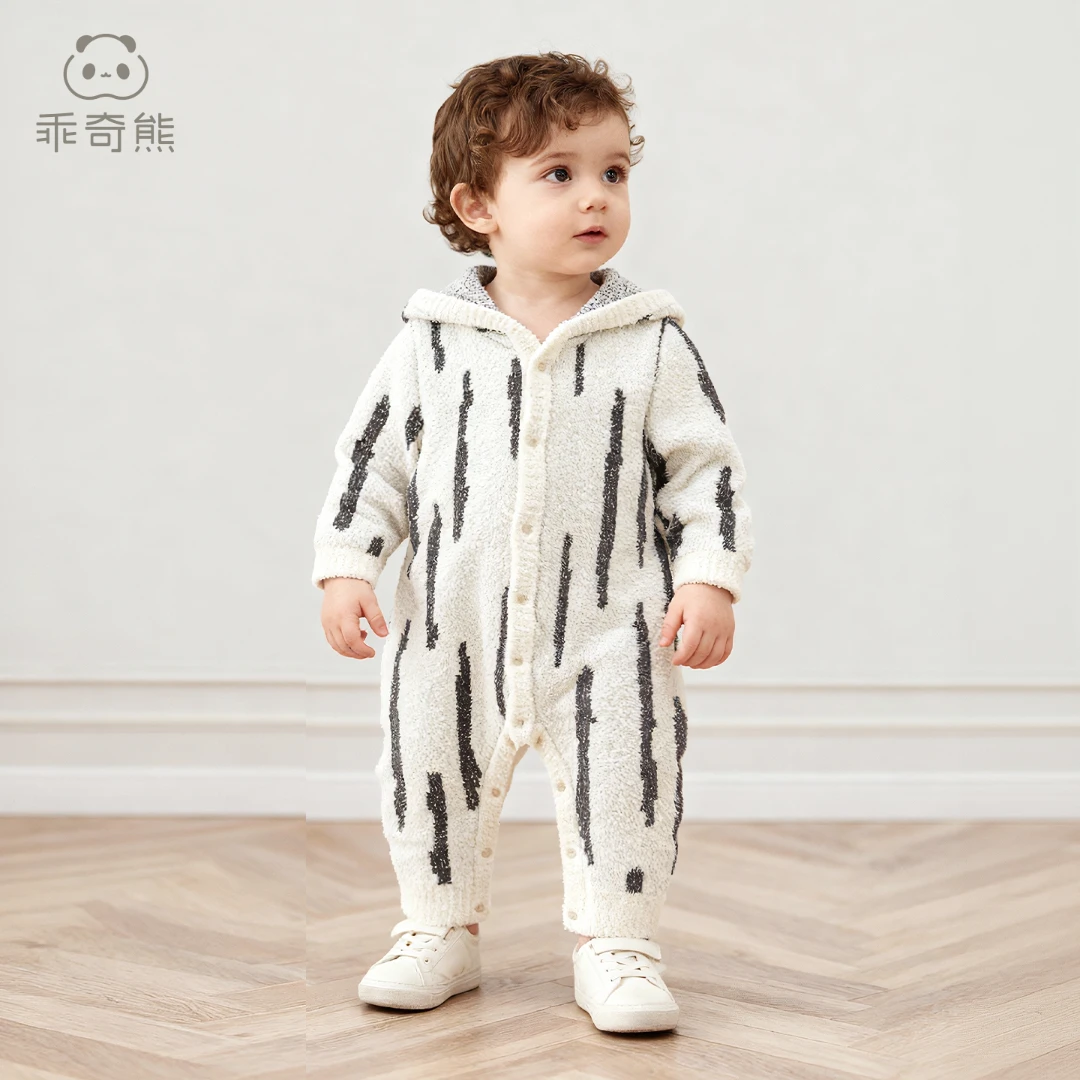 【半边绒】宝宝针织连体衣秋冬季婴幼儿连帽保暖哈衣爬服毛绒衣服