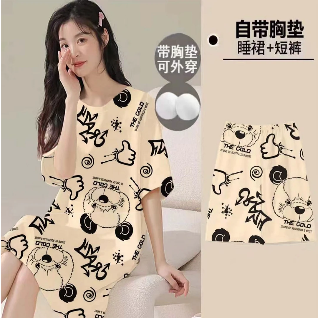 带胸垫睡裙女夏季短袖韩版学生可爱睡衣女薄款可外穿中长款家居服