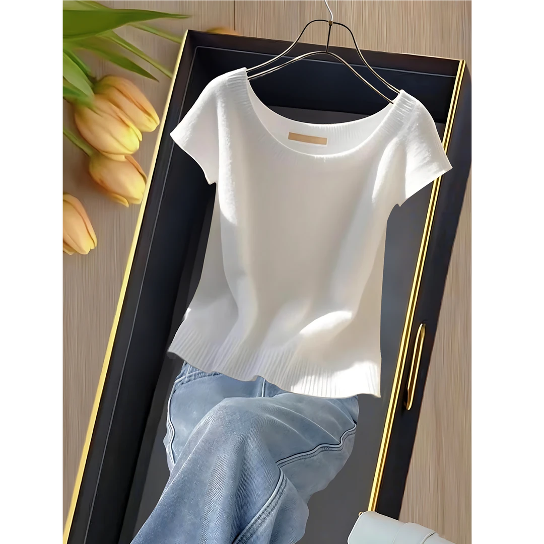 欧货高端白色针织T恤法式漂亮小衫轻奢高级感圆领短袖上衣女夏季