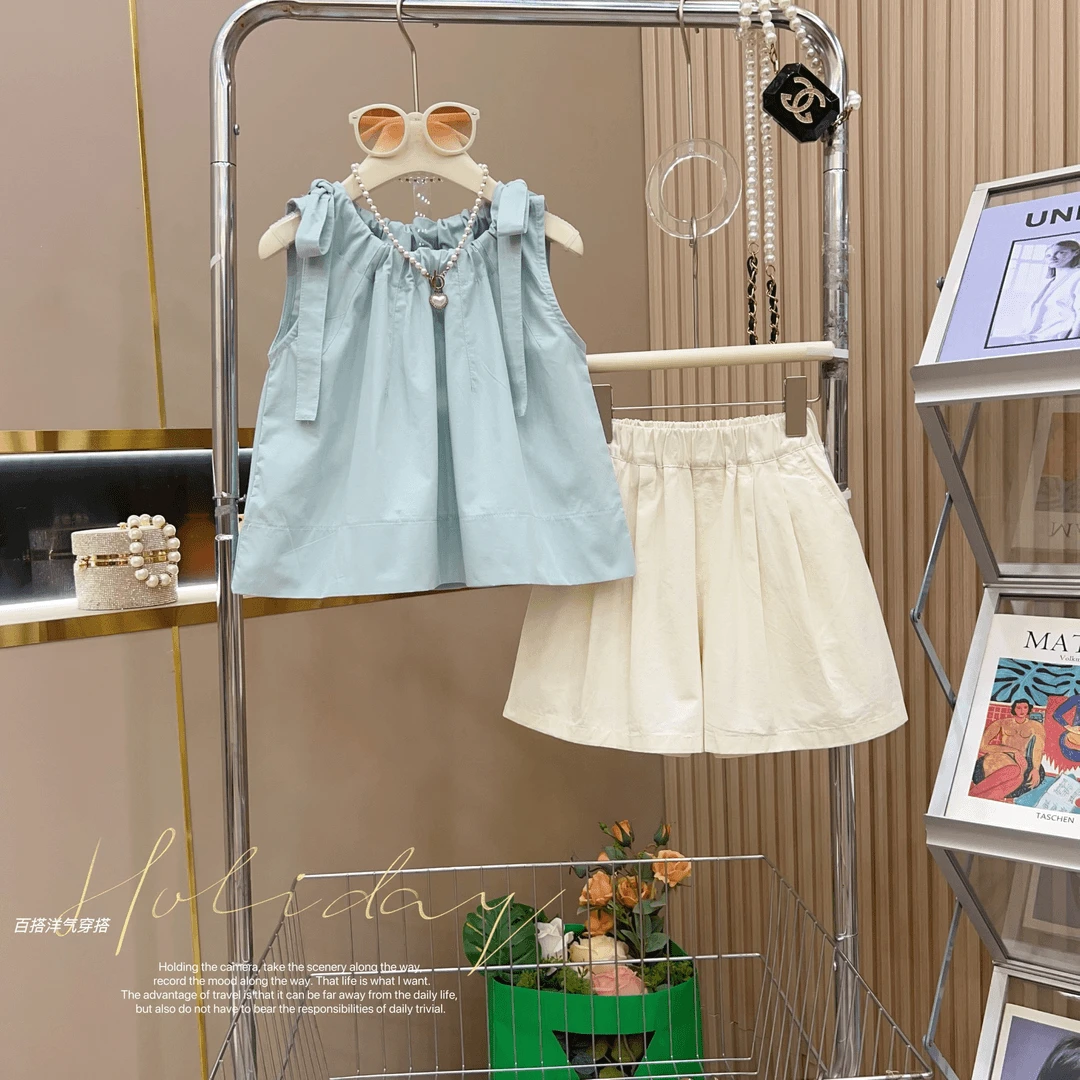 现货圆子家 女童夏季新款清新兰抽绳棉背心+米色短裤休闲两件套