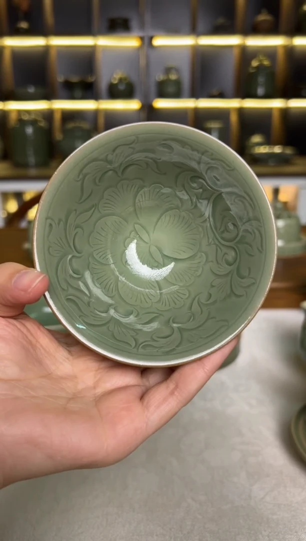 瓷片耀州窑纯手工内刻牡丹斗笠盏微瑕福利1只