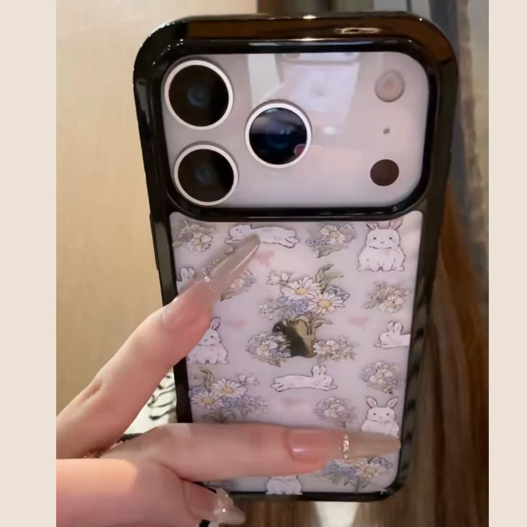 闪度侠小清新满屏碎花兔子适用苹果17手机壳16pro黑框亚克力14/13