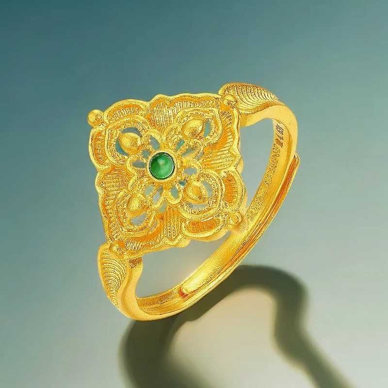 【梦金园】亿纯黄金99999足金江疏影时尚同款经典可调节吉兆戒指