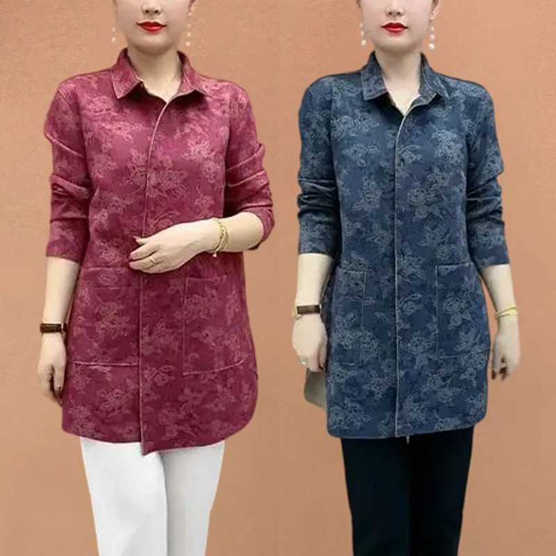 中年妈妈时尚中长款花色风衣外套春季新款休闲外搭宽松百搭上衣女