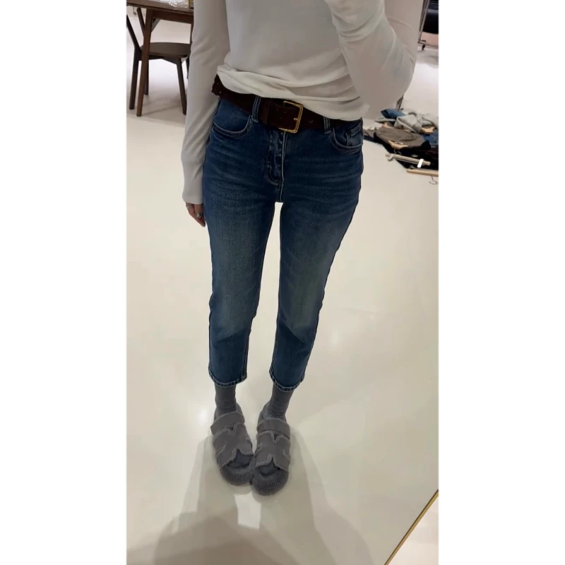 2025年秋季新款高腰直筒牛仔裤子女小个子时尚百搭显瘦八分烟管裤