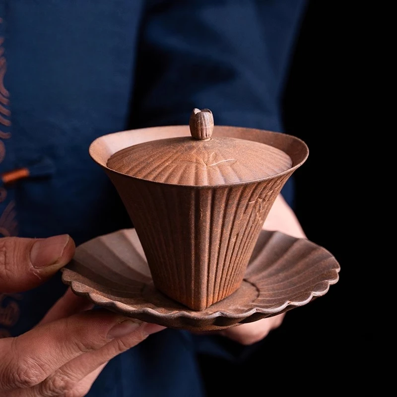 粗陶复古三角竖条纹陶瓷中式盖碗