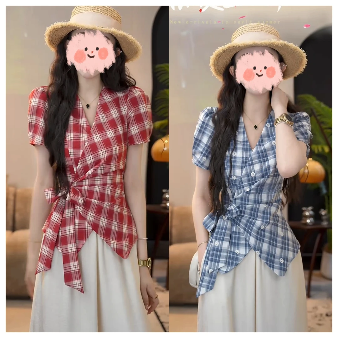 【雾蓝海岸】夏季复古小众设计感蓝色格子衬衫