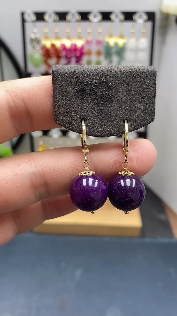 银S925镀金镶嵌苏纪石（舒俱来）耳坠尺寸14mm耳扣11