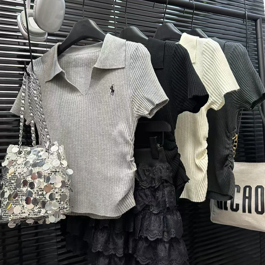 【针织polo领刺绣抽褶短袖】显瘦修身百搭新款高级感针织上衣5111