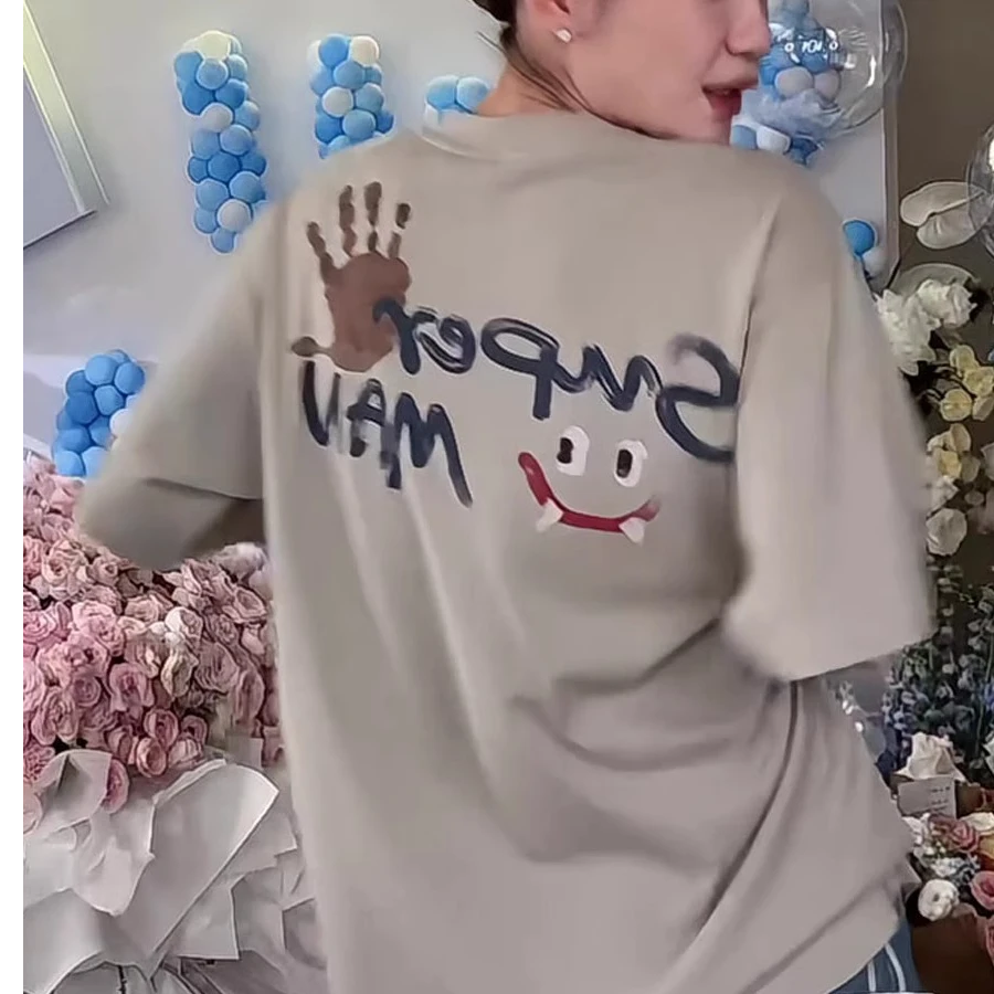 纯欲慵懒风女装设计趣味卡通印花宽松显瘦短袖T恤小众中长上衣夏
