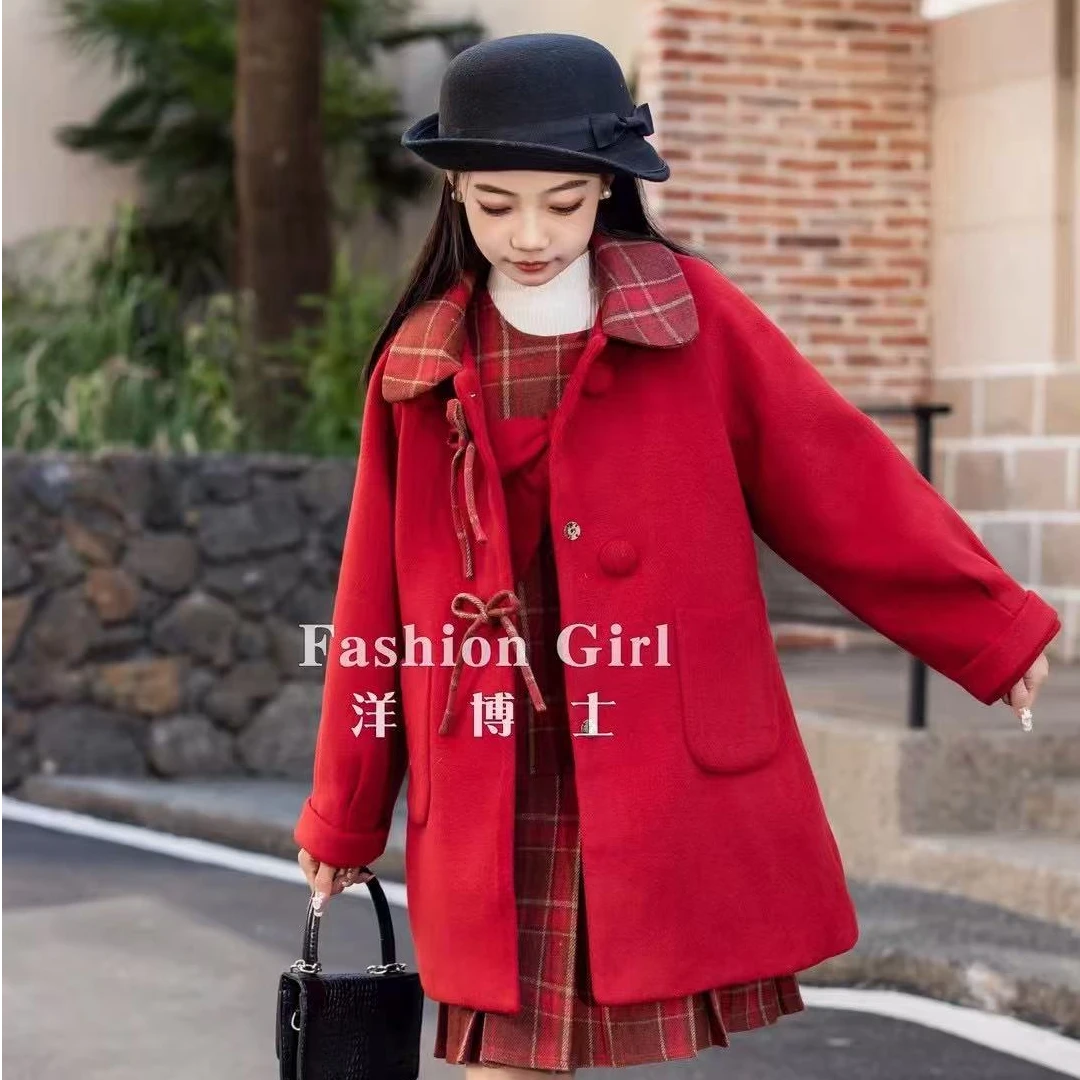 新年年款女大童格子裙毛呢大衣两件套洋博士24063