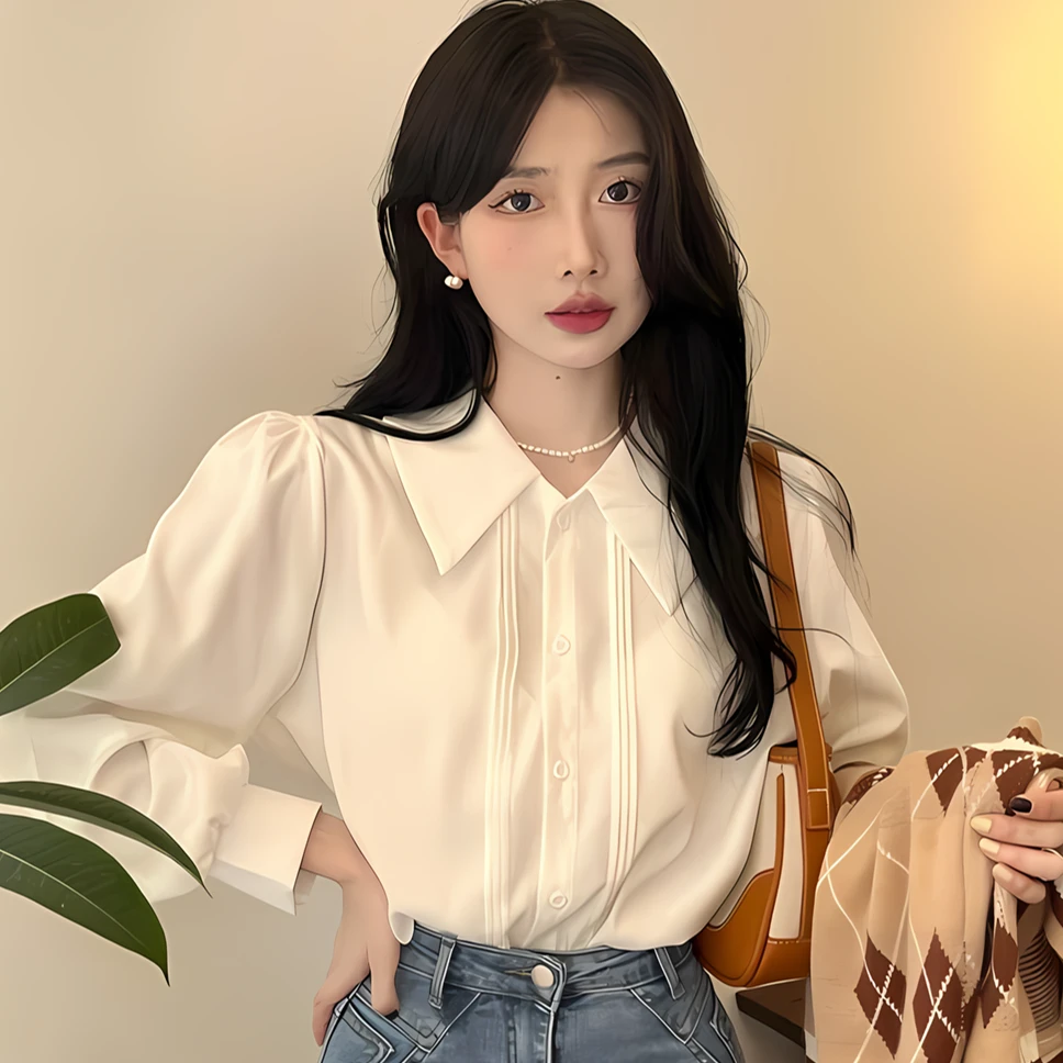 法式白色polo领长袖衬衫女春秋设计感高级纯欲衬衣小个子上衣