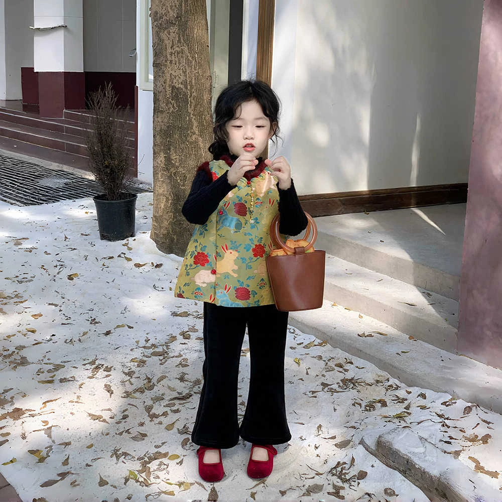 童装女童新中式套装秋冬儿童中国风拜年服夹棉马甲喇叭裤
