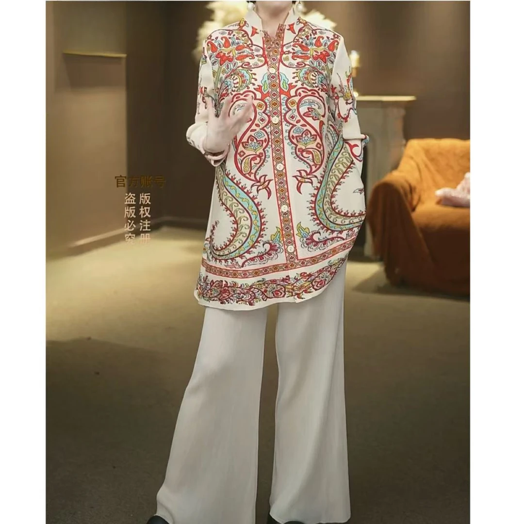 【国色天香】2025春夏新款褶皱大码女时尚套装异域风情洋气开衫两件