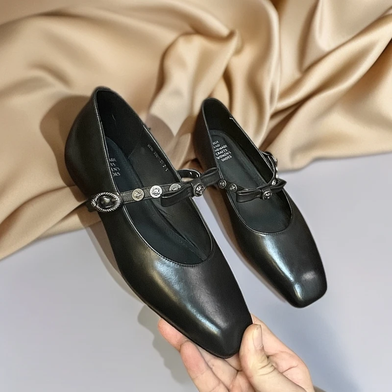 帆船哥/牛皮内3公分/春秋复古方头蝴蝶结浅口通勤平底单鞋0002