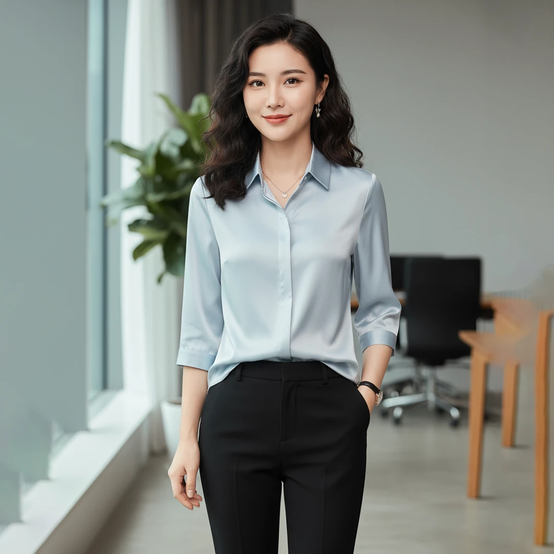 醋酸面料柔软缎面翻领职业白衬衫女设计感简约通勤面试衬衣长袖