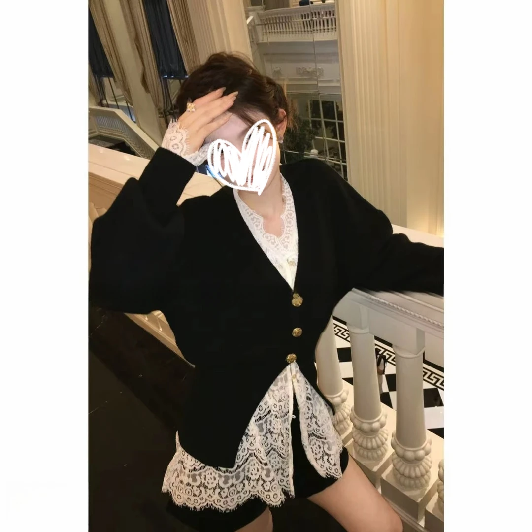 溪溪靓衫杀手气质时尚百搭设计感小众显瘦宽松毛衣蕾丝短裤三件套