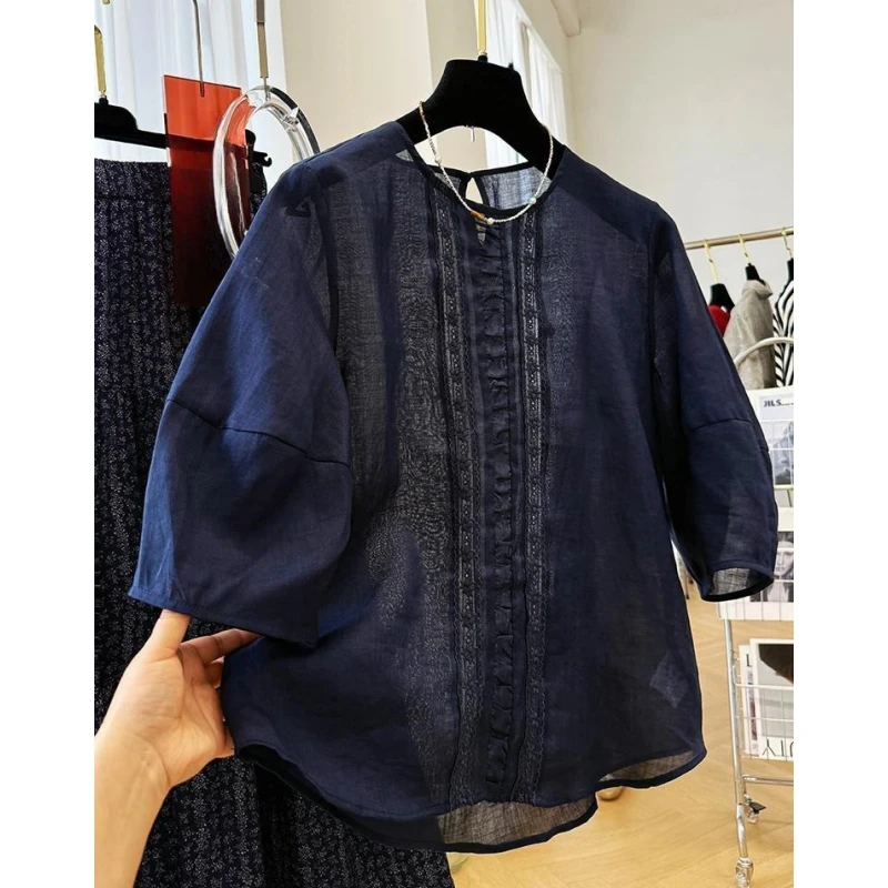 P0224高端苎麻圆领短袖衬衫女夏季薄款法式小众时尚气质小衫上衣