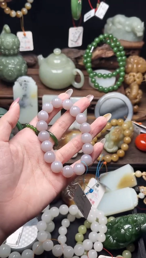 手串未镶嵌和田玉卡12青海烟紫带粉 圆珠9010456