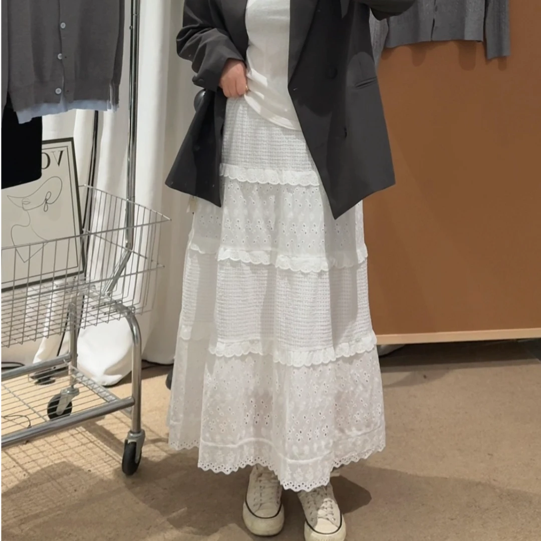 大码胖妹妹春季新款显瘦高腰韩系重工钩花蕾丝布拼接长款蛋糕裙