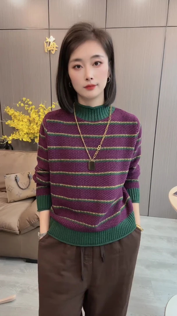 复古条纹毛衣女2025年秋冬季新款休闲时尚宽松显瘦套头针织衫上衣