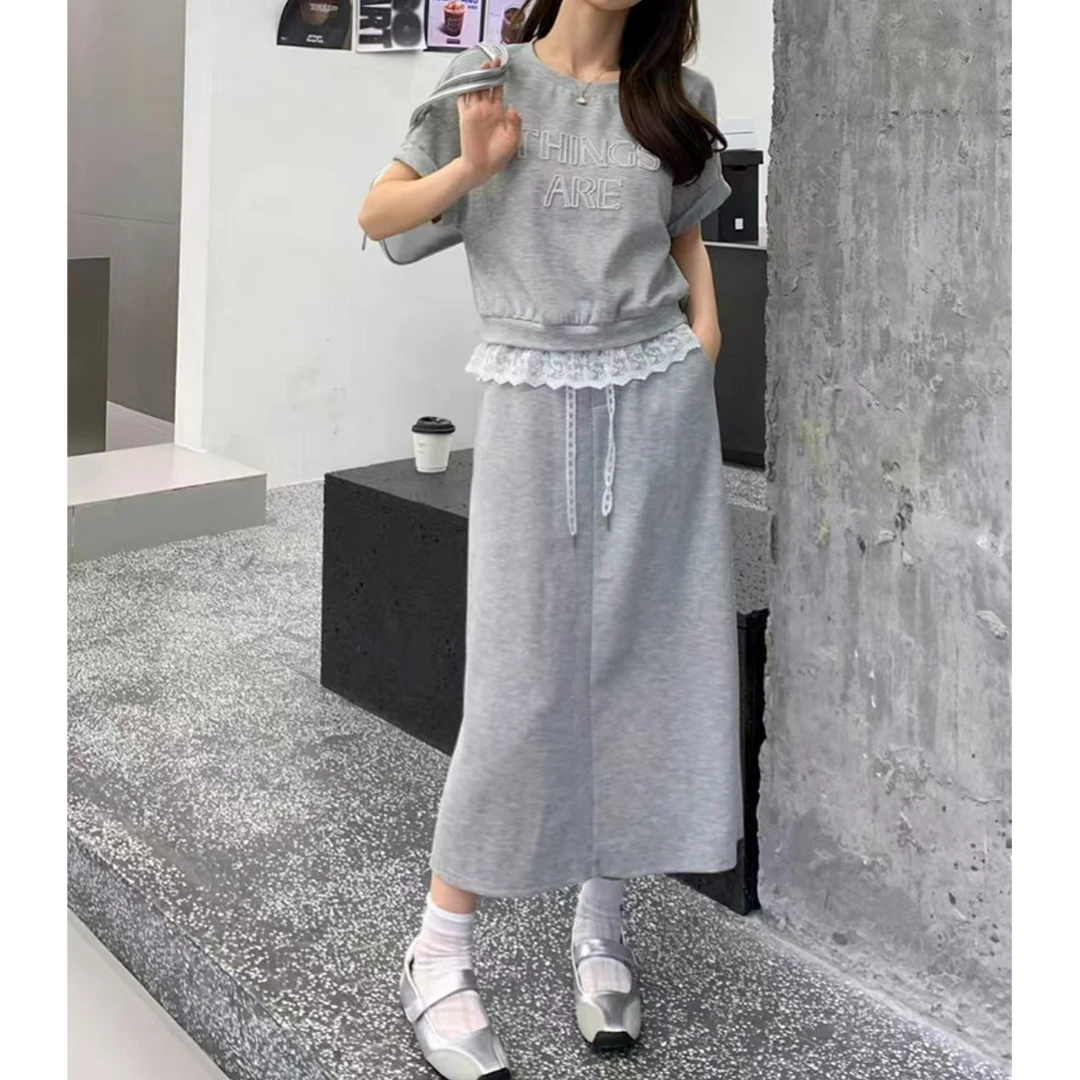 2025夏季新款时尚休闲套装蕾丝花边短袖+半身裙显瘦气质两件套808