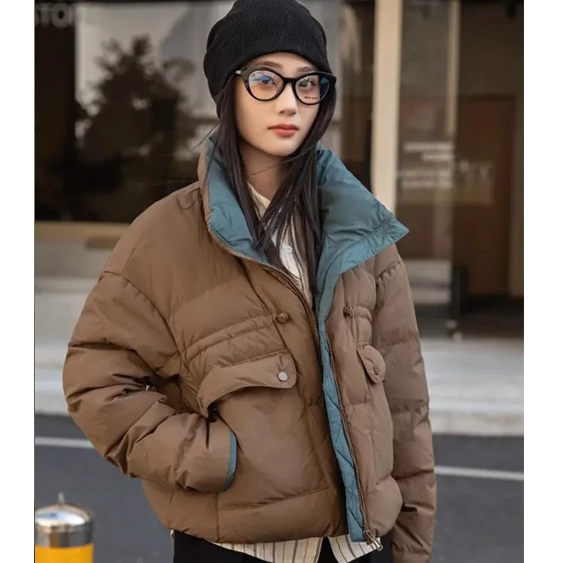 90鹅绒服短款大码加厚羽绒服女撞色休闲宽松版