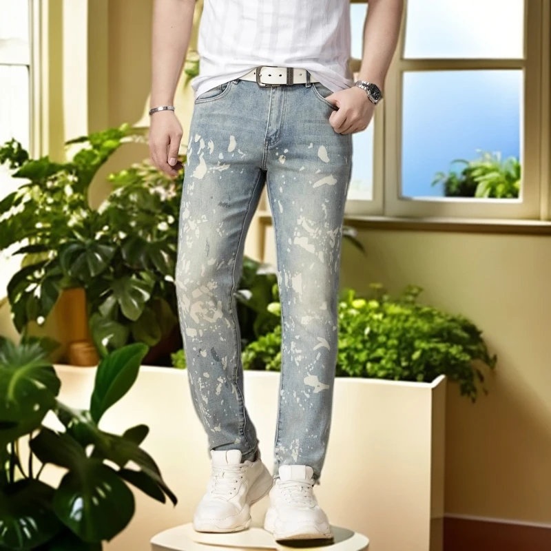 娜罗普西男士牛仔裤夏季薄款潮流个性印花修身直筒弹力长裤子男裤