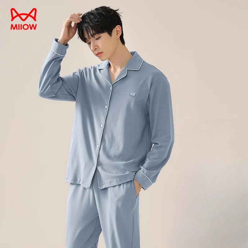 MIIOW/猫人睡衣男士2024新款长袖开衫简约家居服套装大码男款春秋