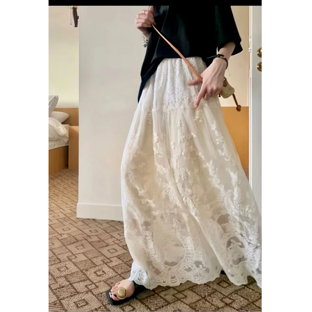 8015-春季新款微胖大码女装半身裙显瘦蕾丝气质白色复古中长款