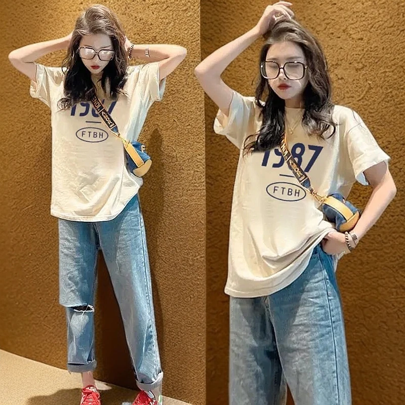 欧货大码女士红色短袖T恤女装夏宽松遮臀中长款宽松半袖上衣纯棉