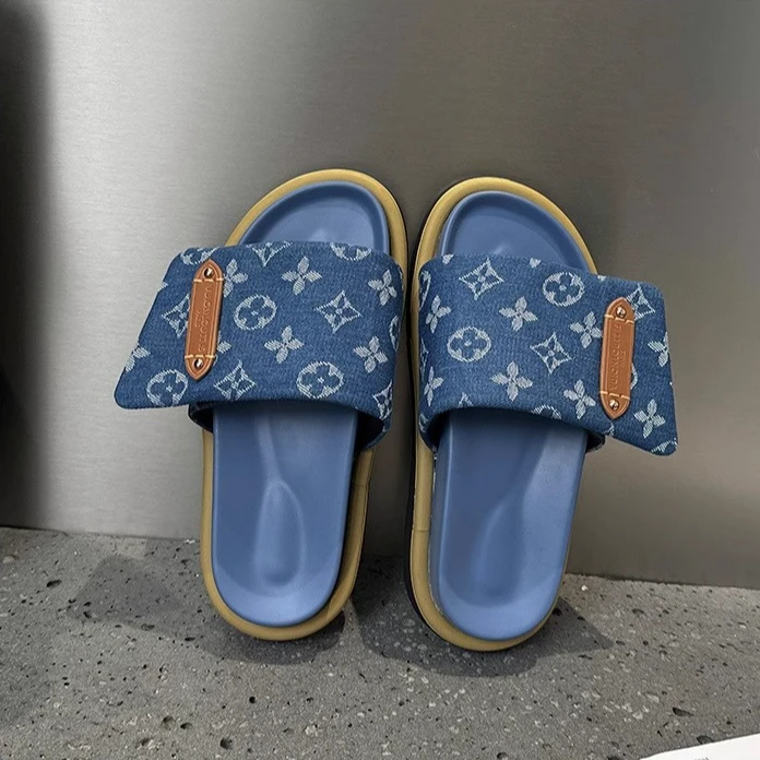 情侣款魔术贴牛仔布拖鞋字母厚底拖鞋时尚浮雕百搭印花凉拖鞋外穿