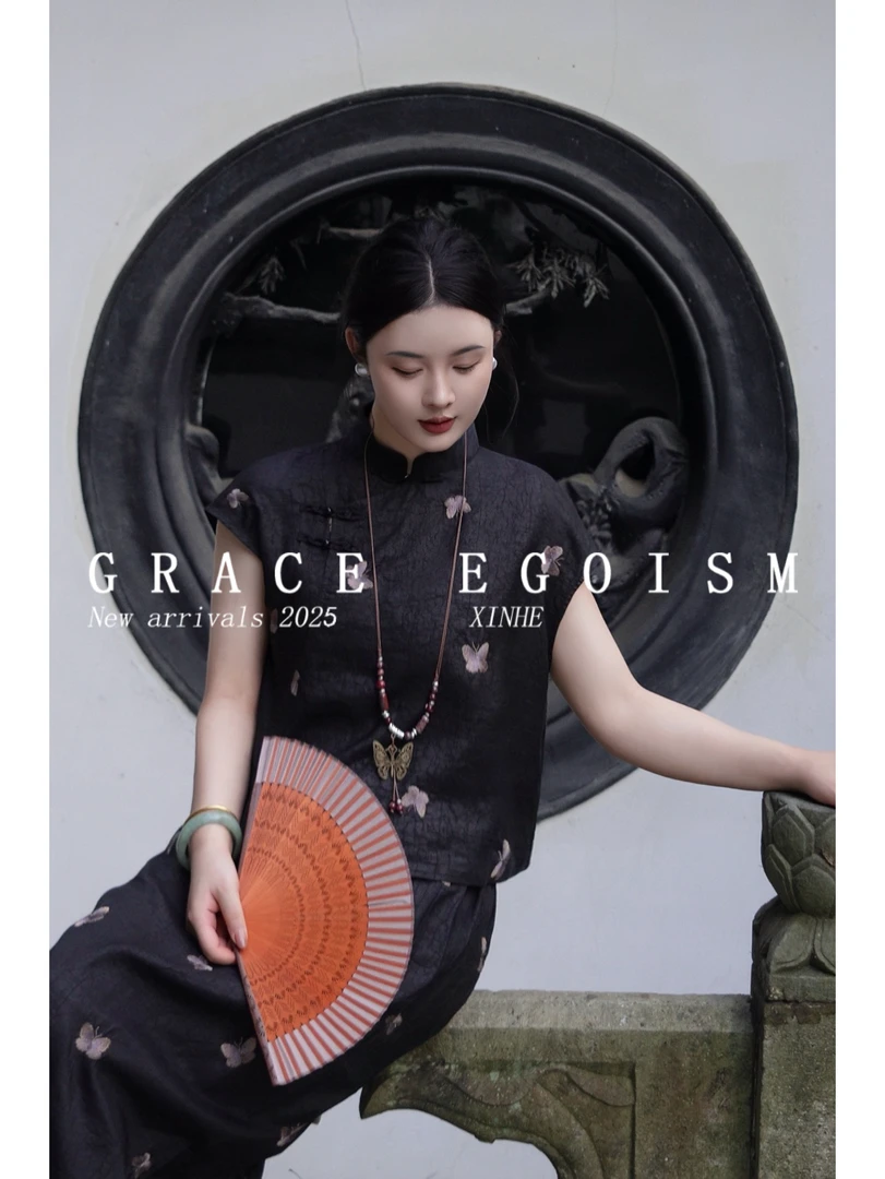 金禾【紫蝶入墨】折扣国风真丝中式立领盘扣上衣半裙套装3273