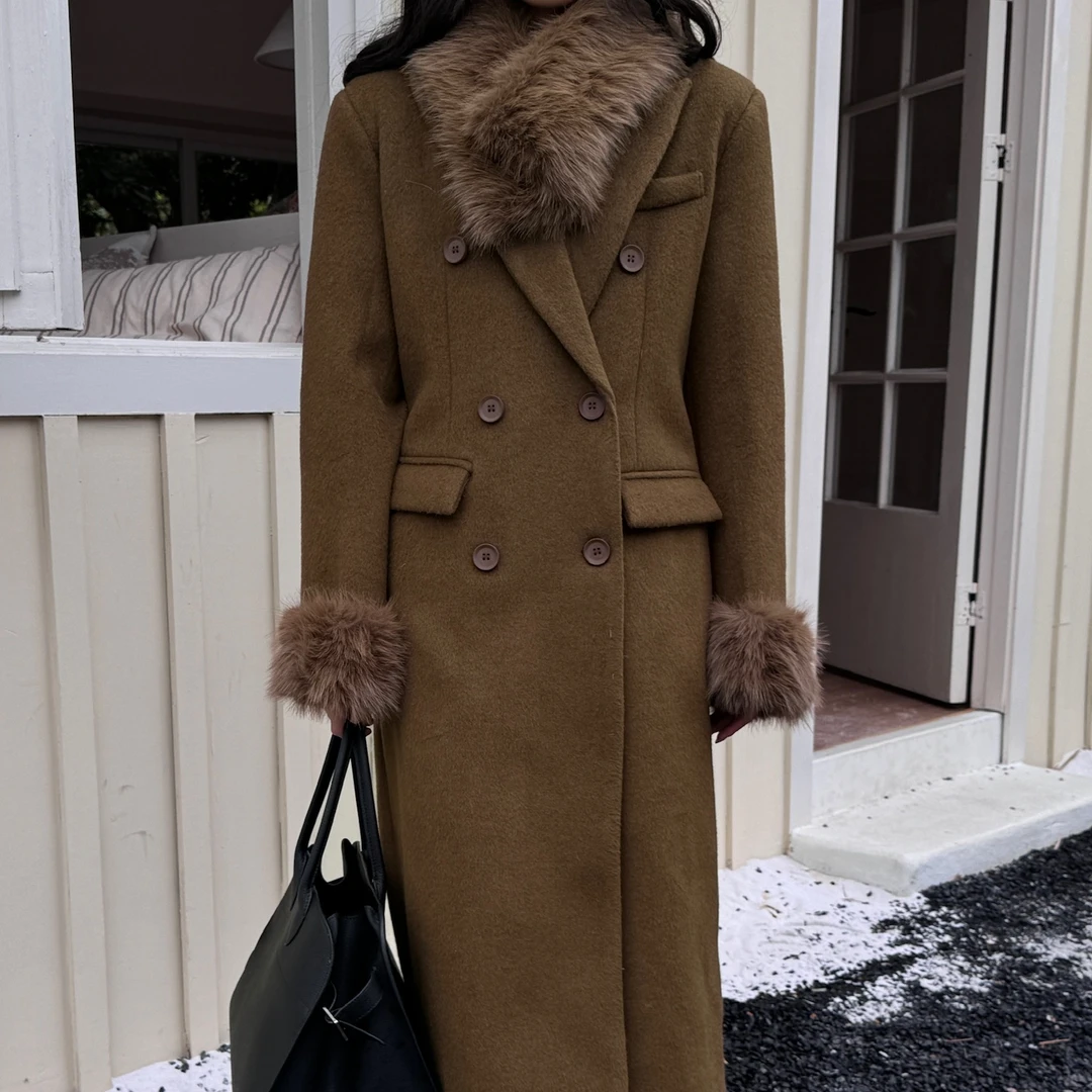 S61-S70毛呢外套女韩版双排扣呢大衣双面呢毛呢气质