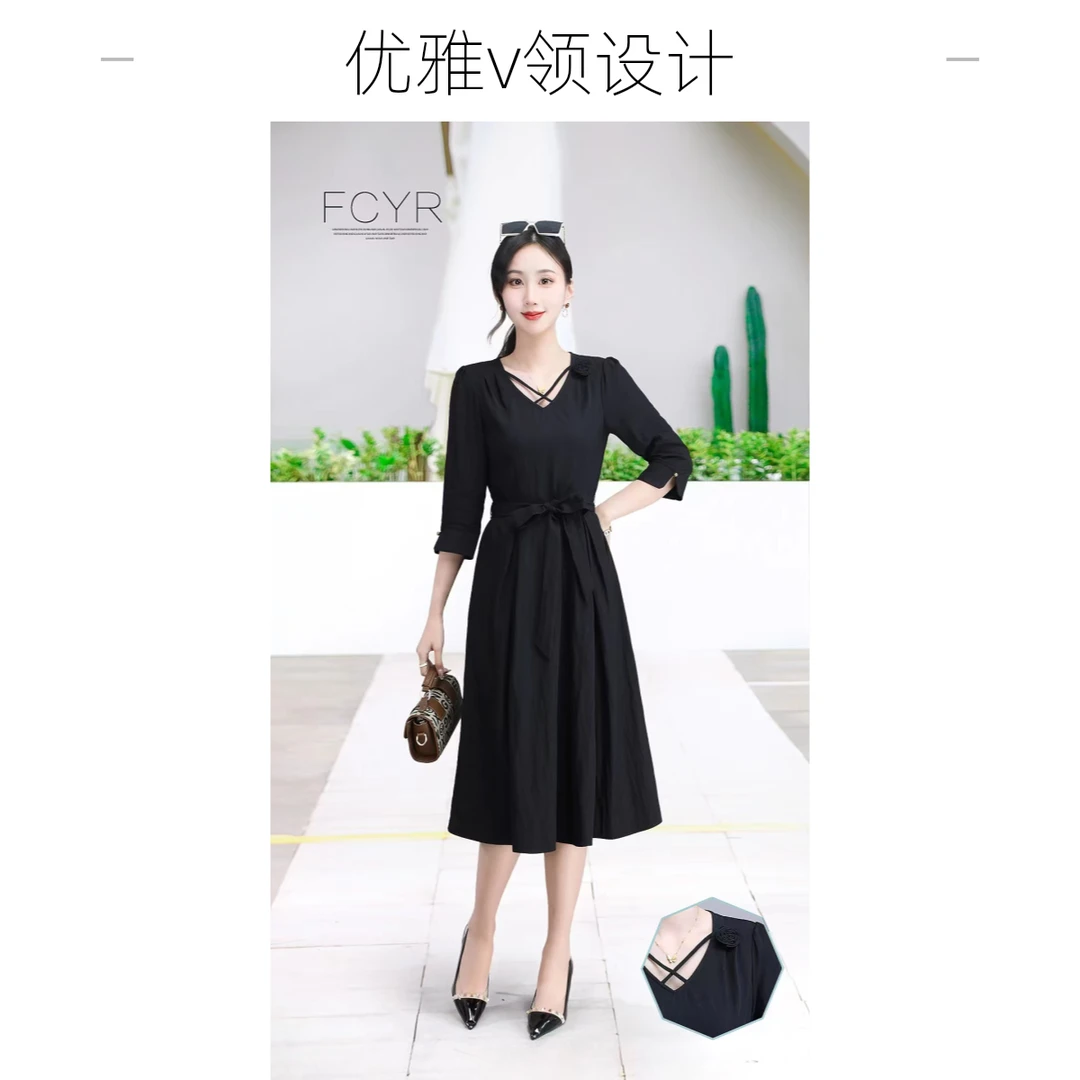 【9719】中袖法式高腰收腰夏季连衣裙女装洋气通勤风新中式