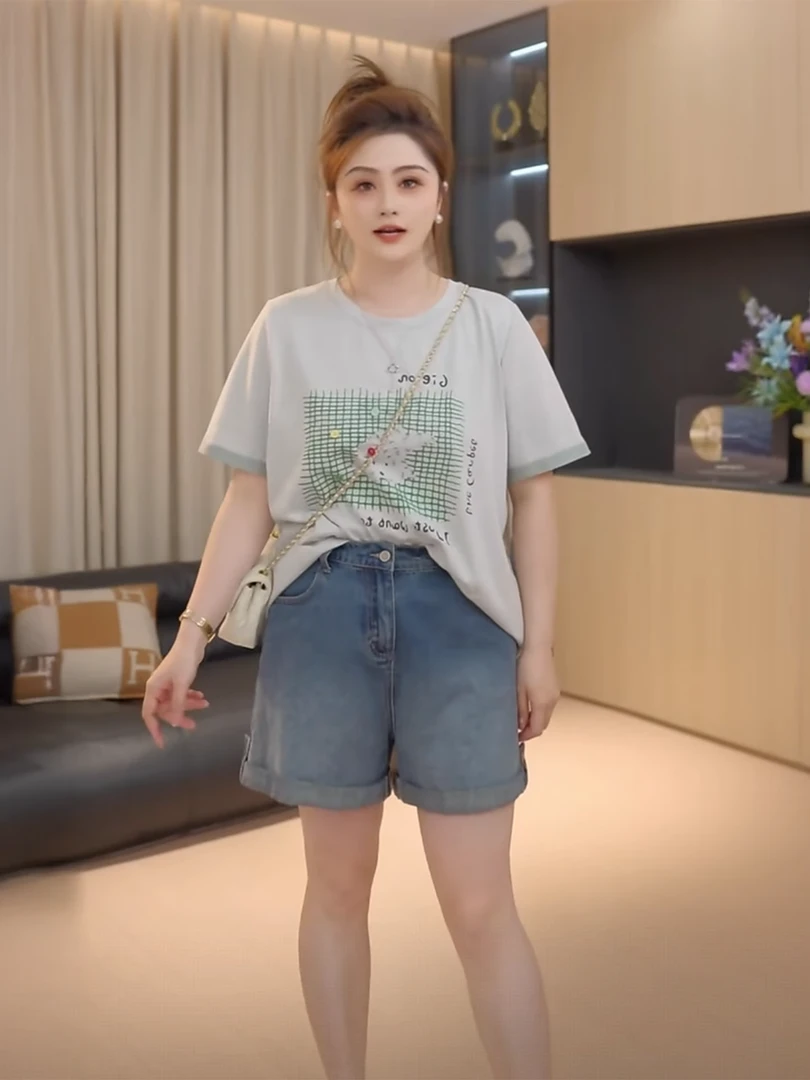 胖佳大码女装减龄印花正肩短袖T恤女夏新款胖mm宽松遮肉百搭上衣