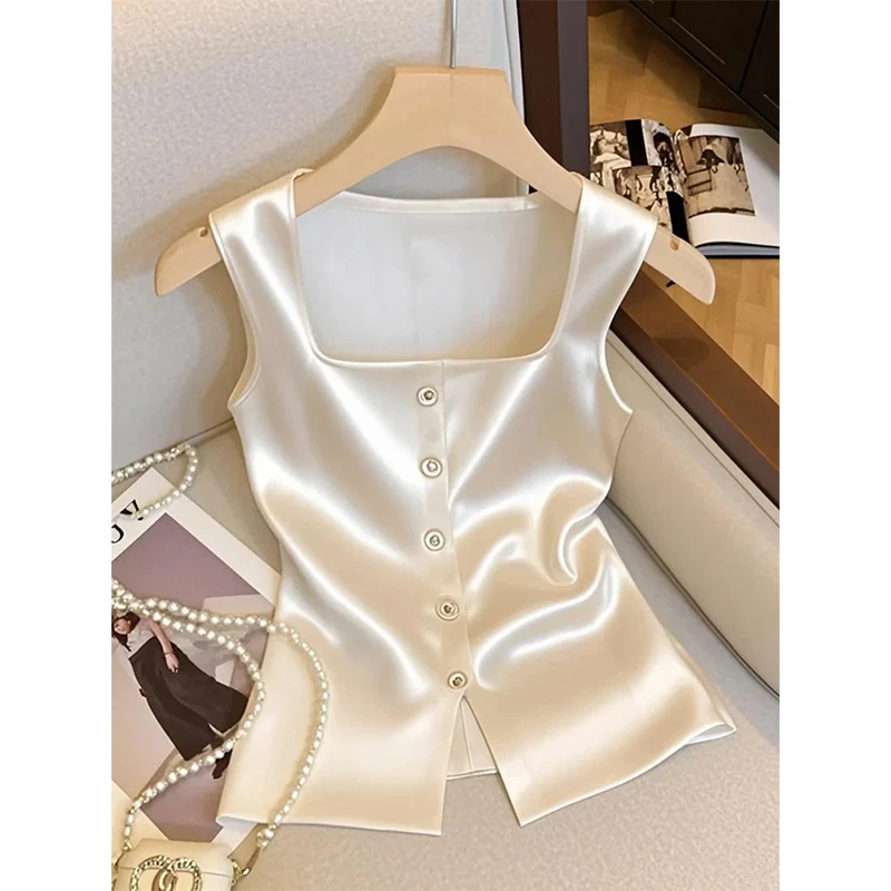2025夏季新款时尚百搭纯色背心爆款法式小香风方领纽扣无袖上衣女