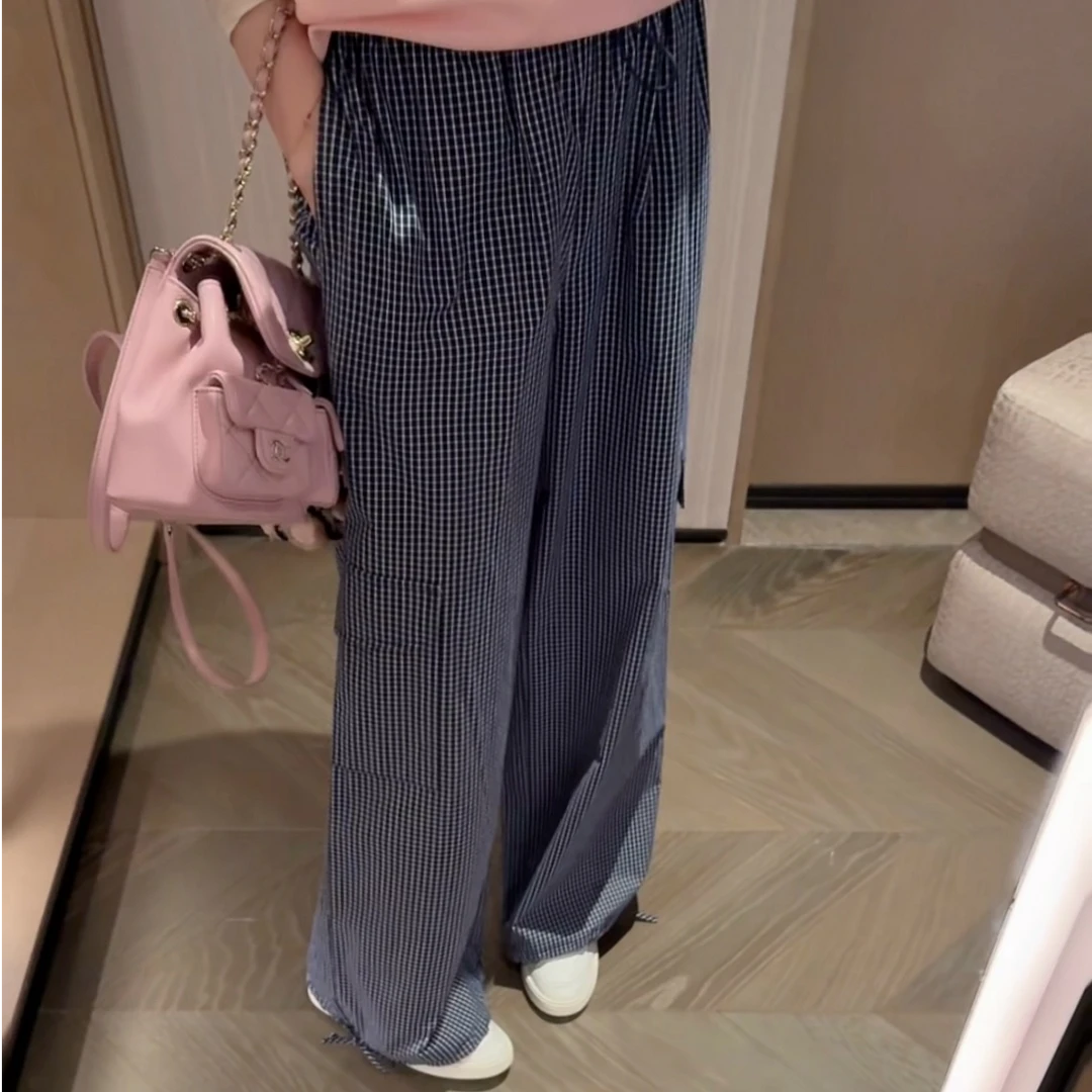 希娜 复古格纹高腰阔腿休闲裤