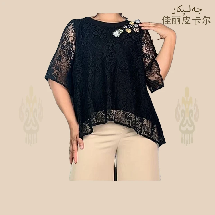 宽松加肥加大码蕾丝短袖中长款上衣妈妈装夏季新款513