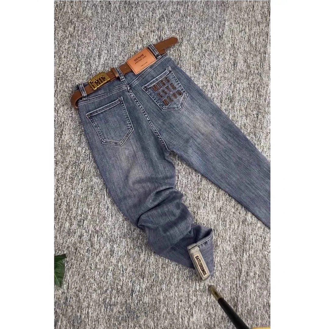 复古大码弹力直筒小脚牛仔裤女小个子春秋新款修身百搭九分铅笔裤