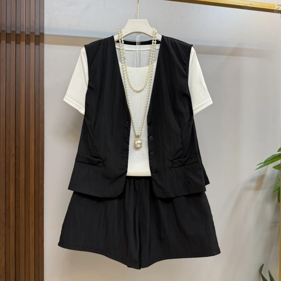 夏季新款大码女装时尚洋气纯色马甲短裤休闲轻熟风遮肉三件套