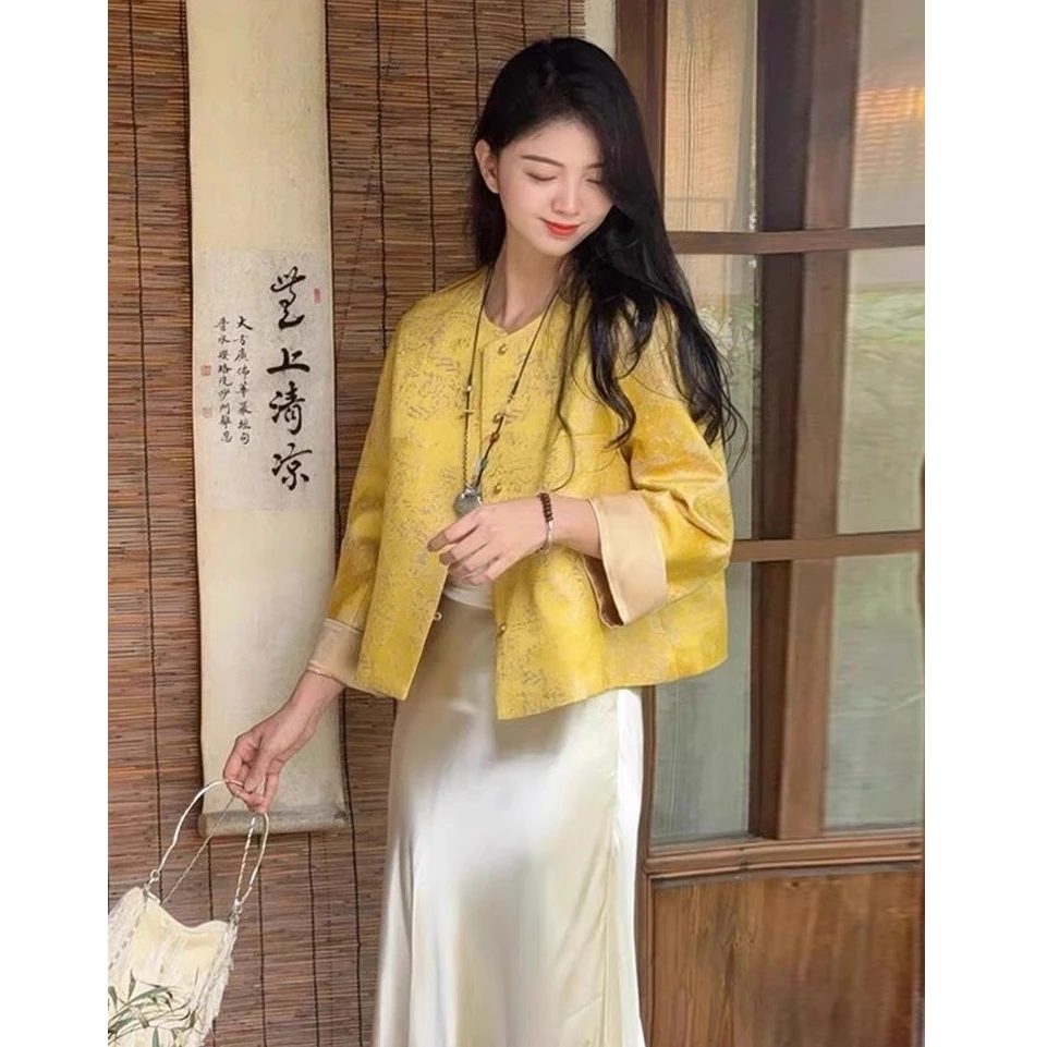 2025春季新款国风新中式上衣提花短外套女士圆领宽松唐装复古