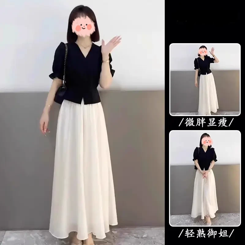 法式赫本风黑色V领泡泡袖上衣女夏季2025新款高腰显瘦裙裤两件套