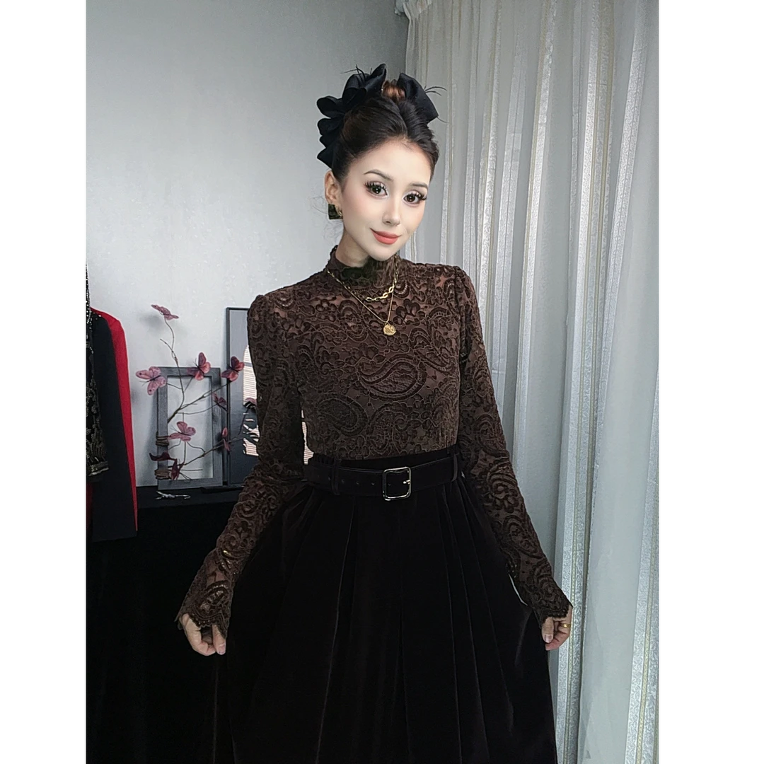 9910【雪尼尔提花面料稍有浮毛属正常】赫本风气质拼接女装连衣裙