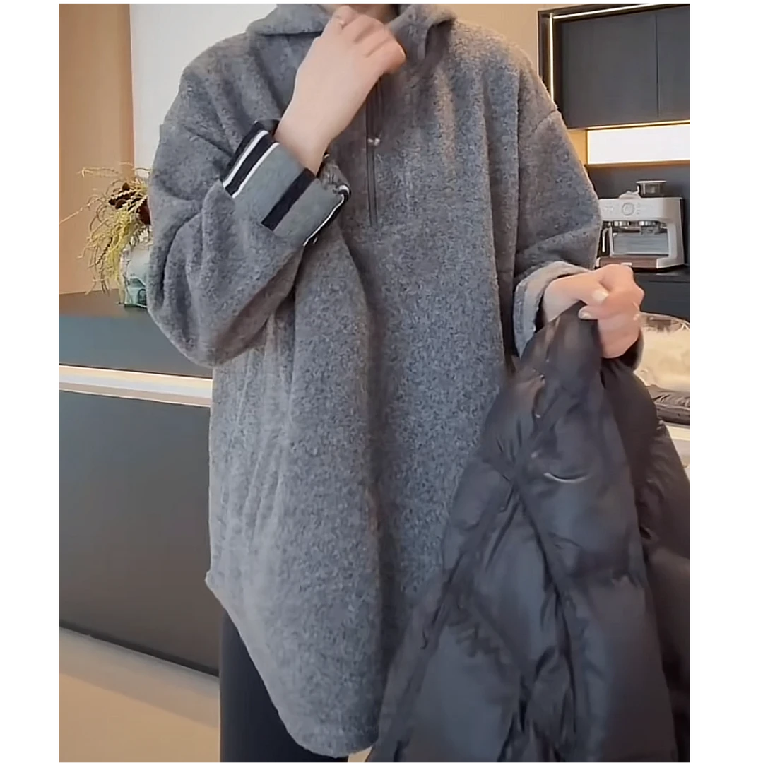 【聂姑娘专属】设计感半拉链雪花绒连帽毛呢中长款高级感上衣12183