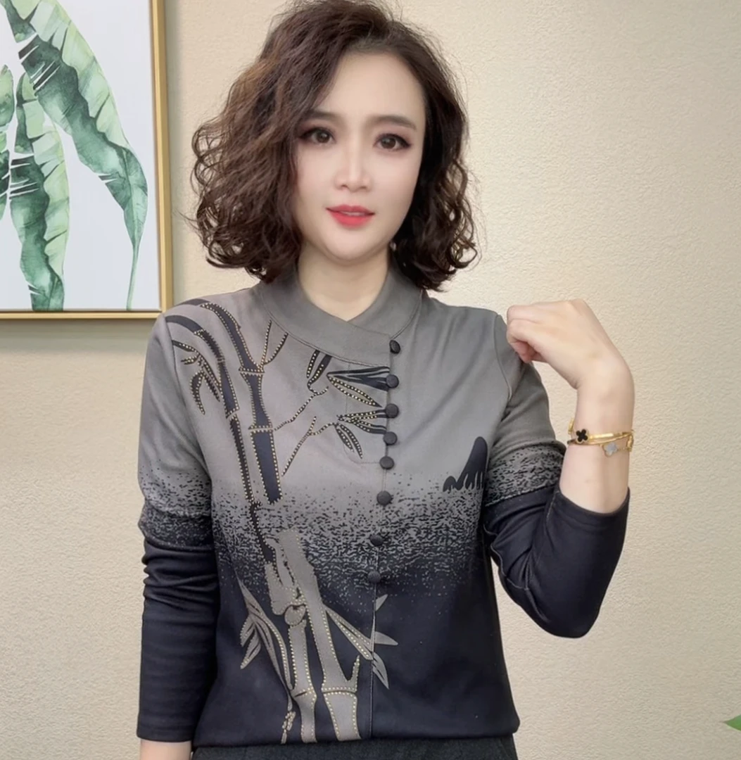 2025秋冬新款时尚洋气气质休闲保暖慵懒风印花女士上衣T恤#947414