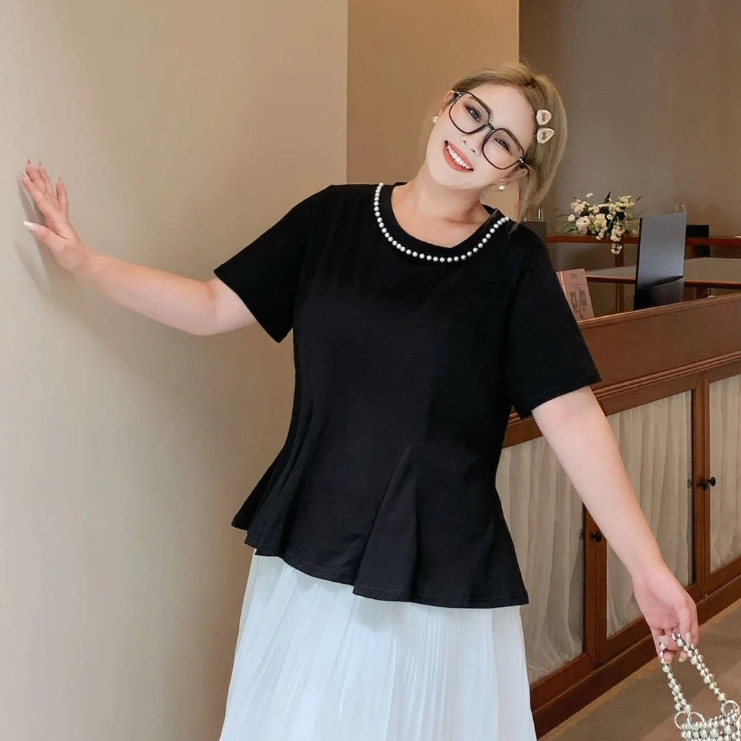 媛子大码领口钉珠重工T恤设计款收腰高级夏季新款胖mm显瘦上衣