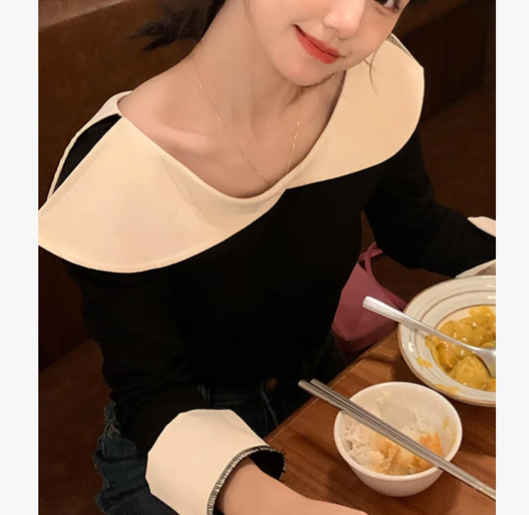 Nalian/拿恋豆子优选-荷叶边领拼接假两件高级感磨毛上衣 DZ99070